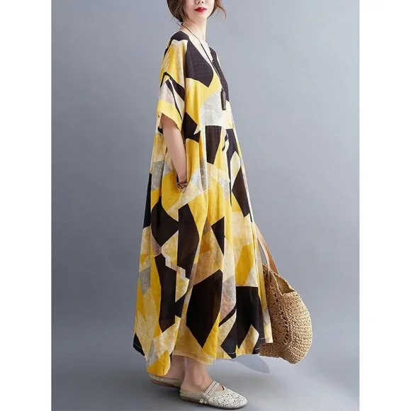 Women Plus Size Color Block Dress Geometric Print Casual Loose Fit - Picture 5 of 7